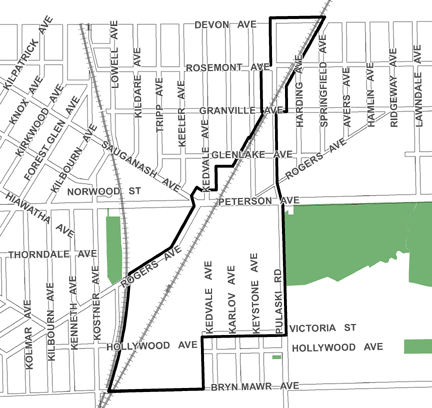 Peterson/Pulaski TIF district, roughly bounded on the north by Devon Avenue, Bryn Mawr Avenue on the south, Springfield Avenue and Pulaski Road on the east, and Lowell Avenue and the Chicago & North Western Railroad (a/k/a Union Pacific Railroad) tracks on the west.